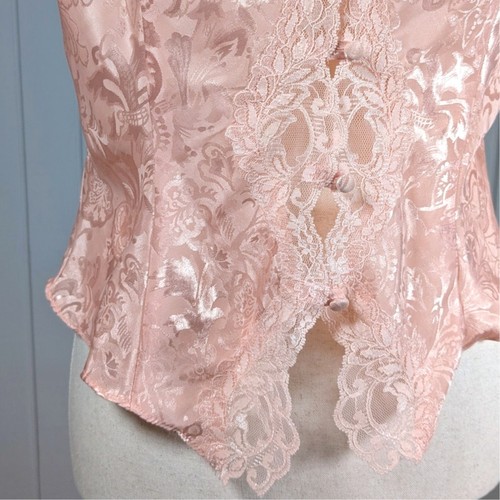 Vintage Victoria's Secret Gold Label Pink Satin Damask Button Cami Lace Top Med - Picture 2 of 6