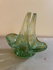 Murano type glass basket with green and gold swirl pattern