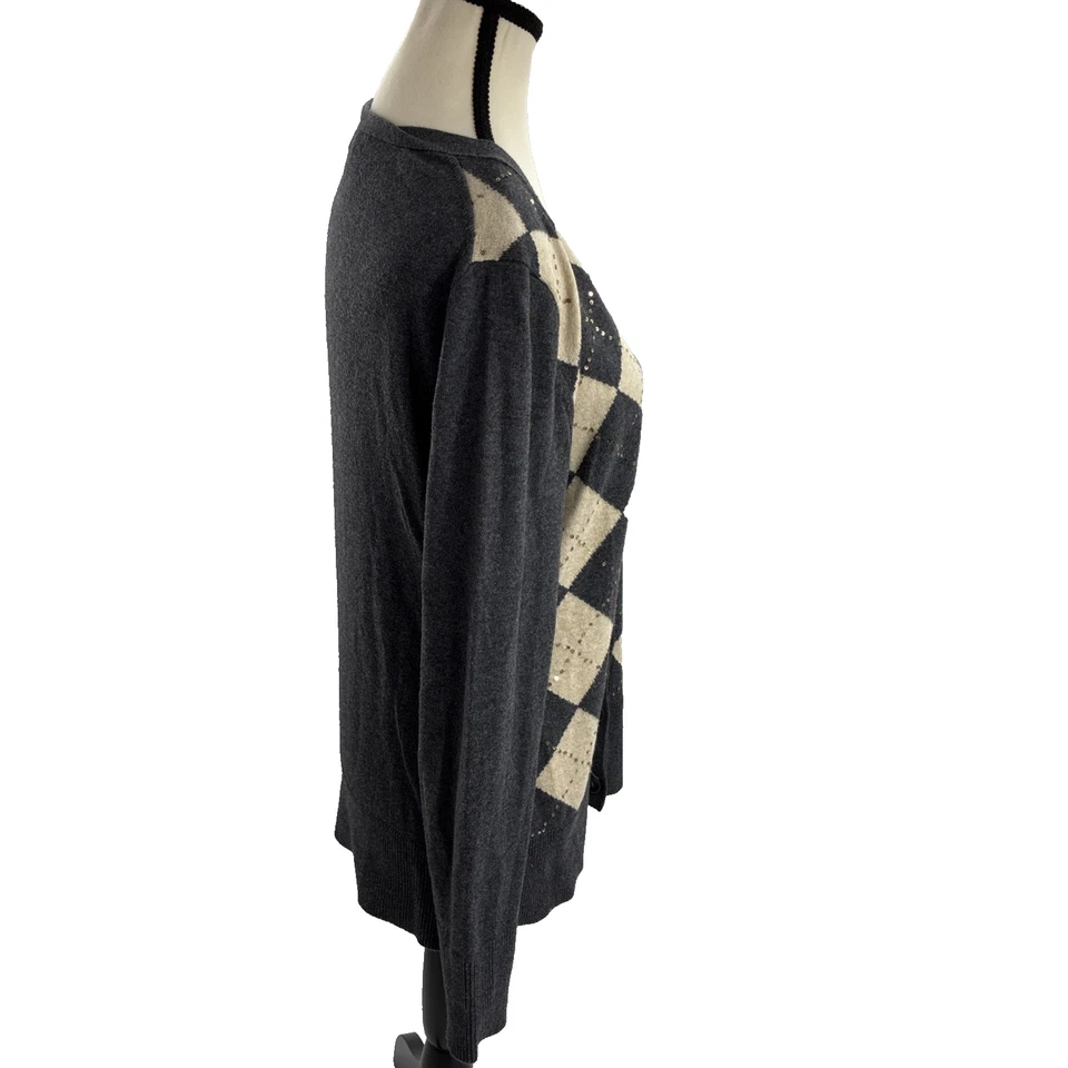 Cárdigan Suéter Banana Republic Mujer Talla M Gris Beige Argyle Tejido Botón Foto 4 de 4