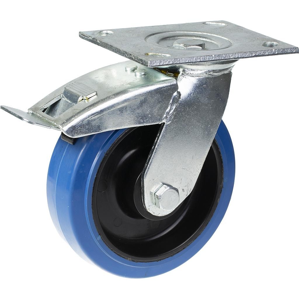 125mm swivel/brake castor with blue elastic rubber on nylon centre wheel