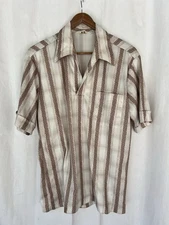 VINTAGE 60s 70s D'Avila Shirt Jac Mens Medium Brown Striped Bowling Rockabilly
