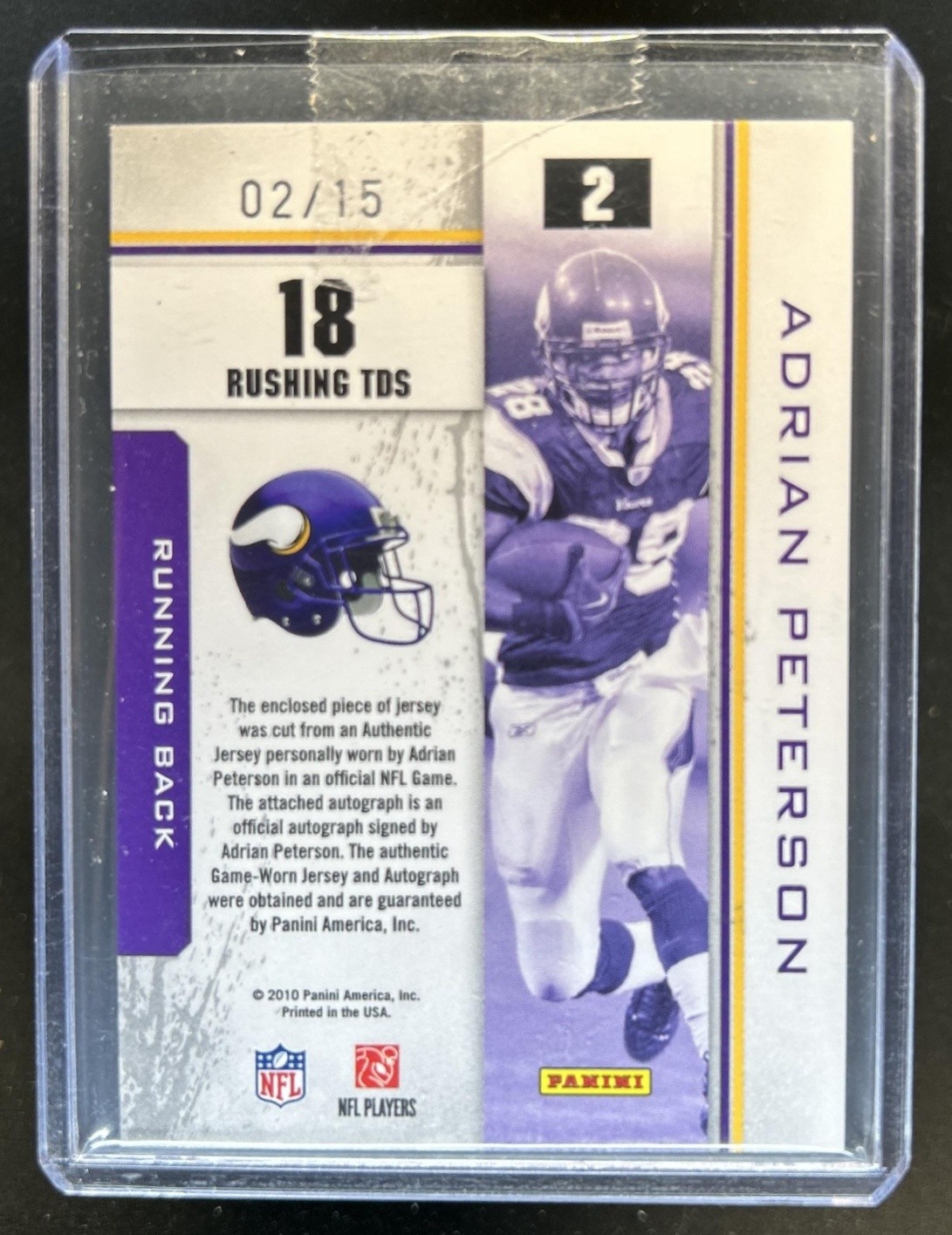 2010 Rookies & Stars Adrian Peterson Game Used Jersey Auto Autograph #2/15 view 2