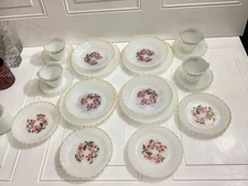 Lot Of 20 Vintage Thermocrista Milk Glass Floral Design Dinner Set For 4