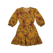 Knox Rose Golden Yellow Floral Print Long Sleeve Ruffle Hem Dress boho 0052