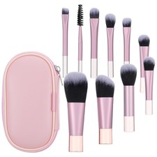 10 Pcs Mini Travel Makeup Brush Set with Case Portable Pink Cosmetic Brushes Kit