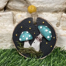 Amanita Blue Mushroom Ornament Wood Slice Clay Handmade Hand painted Signed 3  