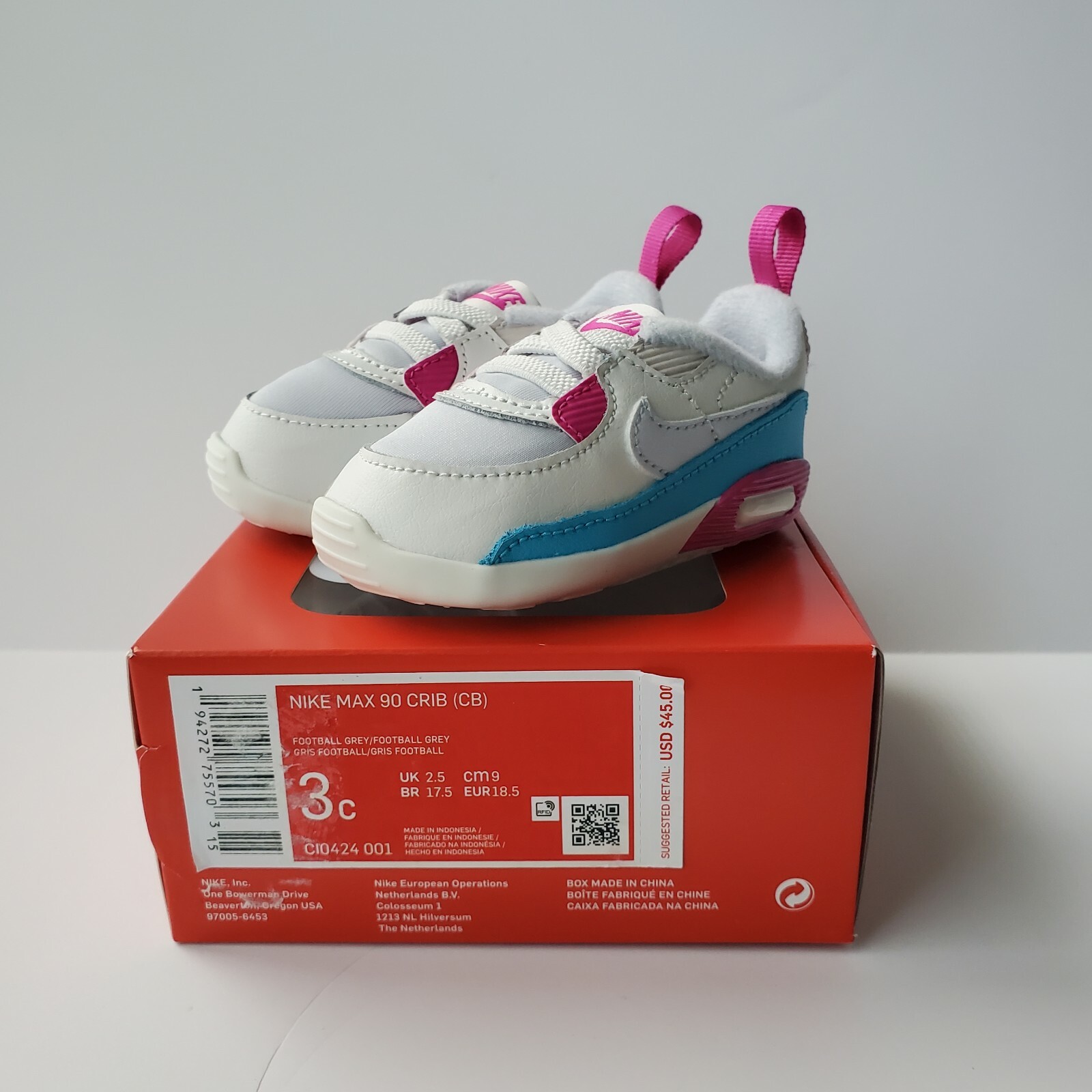 PONY NIKE Culla Neonato Max 90 (CB) CI0424 001 Grigio Bianco Tg. 3C nuovo con scatola danneggiata