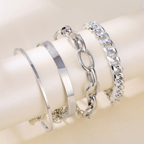 4 Pieces/Set Silver Thick Chain Bracelets For Women Punk Jewelry Retro Bangles - Picture 2 of 7