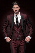 Burgundy Men Suit 3 Piece Peak Lapel Formal Party Prom Groom Tuxedo Wedding Suit