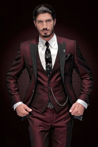 Burgundy Men Suit 3 Piece Peak Lapel Formal Party Prom Groom Tuxedo Wedding Suit - Afbeelding 1 van 9