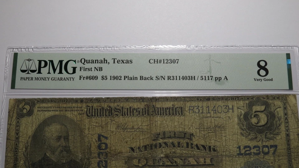 $5 1902 Quanah Texas TX National Currency Bank Note Bill Charter #12307 VG8 PMG - Image 3 of 4