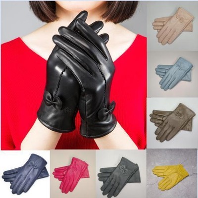 Ladies Bow Leather Gloves Fleece Lined Winter Casual Driving Warm Outdoor Casual