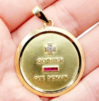 1Ct Princess Lab-Created Ruby ''QU'HIER QUE DEMAIN'' Pendant 14K YellowGold Plated