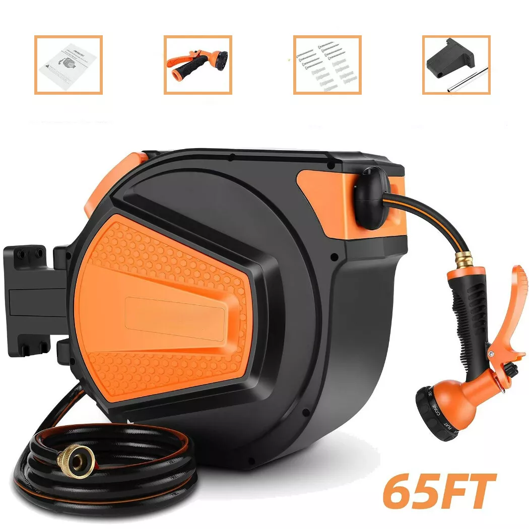 50FT/65FT Wall Mounted Retractable Garden Water Hose Reel Holder Auto Rewind