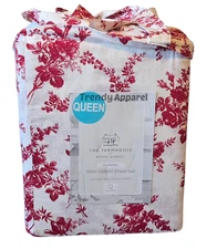 Shabby Chic Farmhouse, Rachel Ashwell Red  Floral, Flannel QUEEN Sheet Set