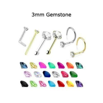 14K White Gold or Yellow Gold Nose Ring Stud Screw L Bend Bone 3mm CZ 20G