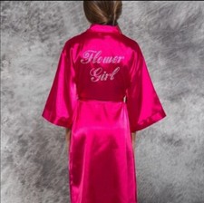 Flowergirl Satin Robe Kimono Wedding Party Pink with Gold Print M