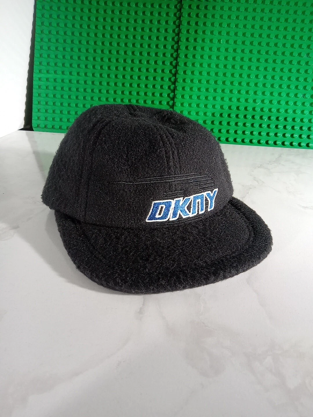 Vintage DKNY USA 5 Panel Fleece Hat Blaxk Skater 90's Logo Donna Karan