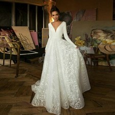 Lace Wedding Dresses Long Sleeve V-neck Bridal Gowns Satin Backless White New