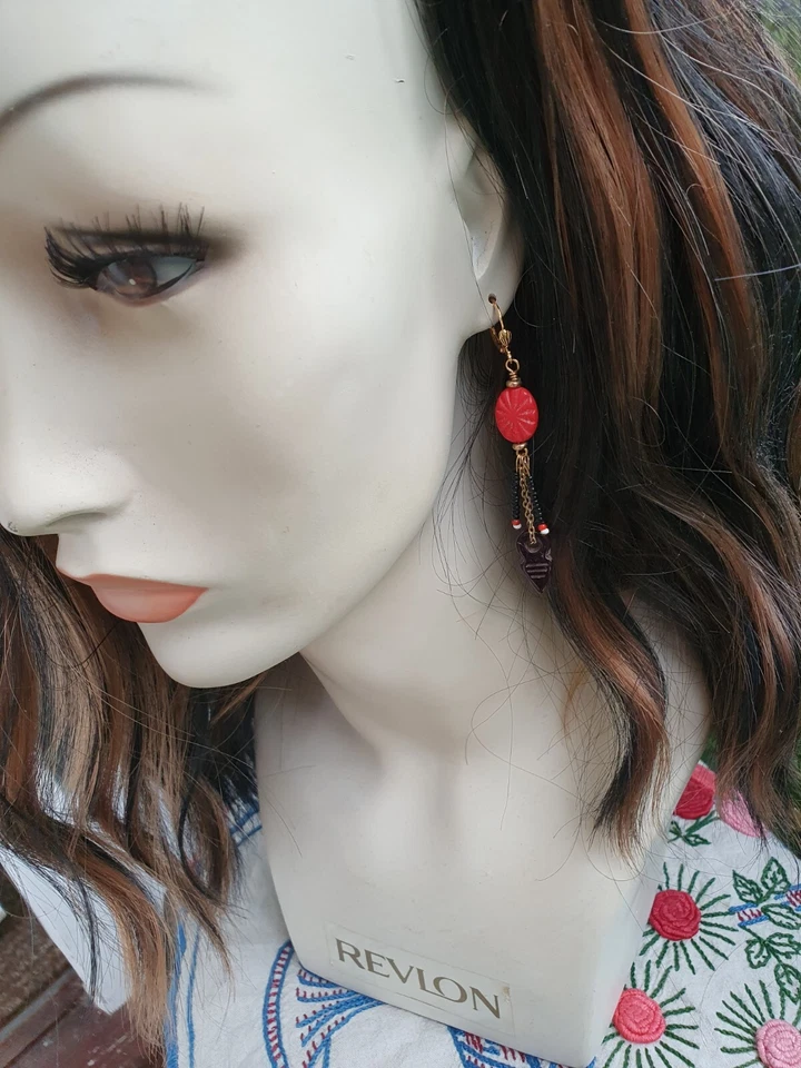 Unique EARRINGS Africa Trade red 'Sea Shell' beads long tassels vintage talisman - Image 4 of 4