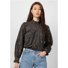Blusa Rails Estampado Leopardo Volantes Cuello Negra Tostada Manga Larga Popelina Plisada M
