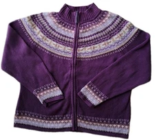 Vintage Tiara International Nordic Fair Isle Sz L Purple Zip Cardigan Grandma 