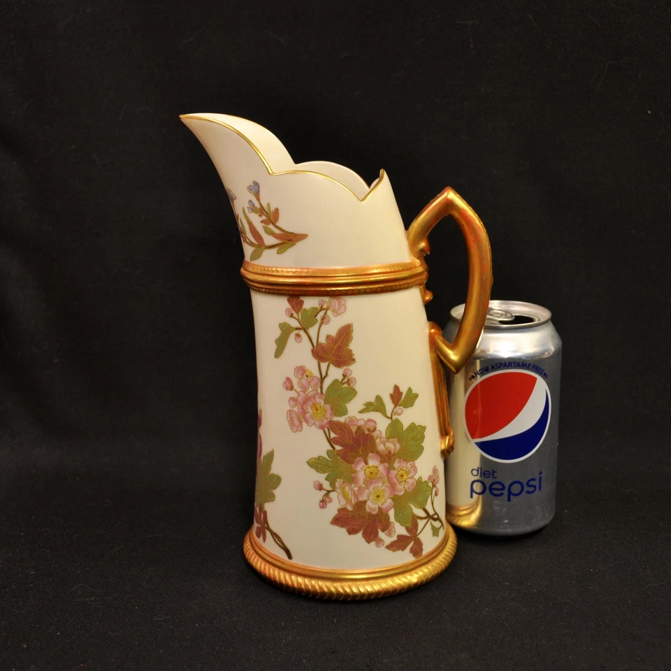 Royal Worcester Pitcher Blush Ivory 9 3/16" Floral Gold Outlining 1887 England - Image 2 of 4
