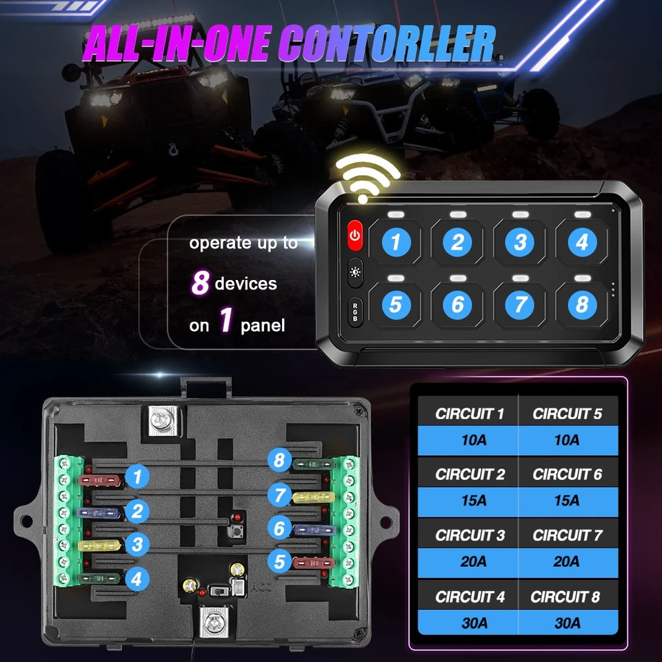 8 Gang Switch Panel LED Light Electronic System For Can-Am Polaris RZR UTV ATV - Image 2 of 4