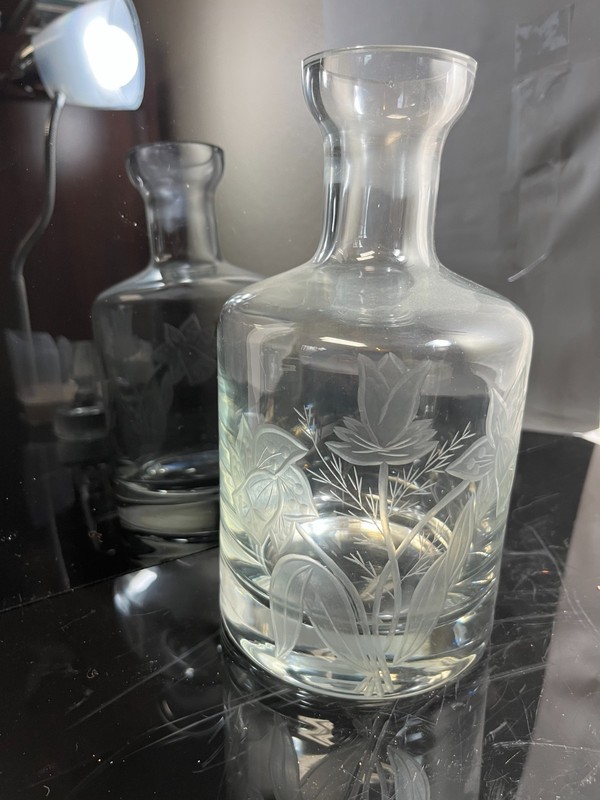 Vintage Etched Glass Decanter And Glass Stopper over 15" tall, Flowers