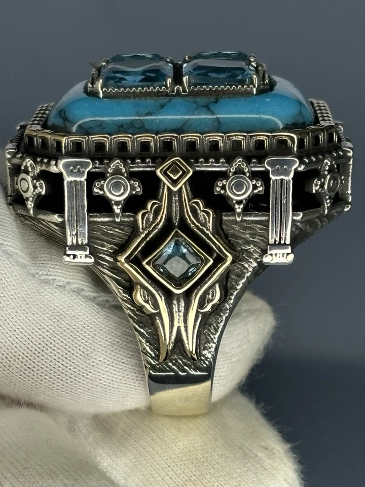 Anel masculino de prata esterlina turquesa: joias feitas à mão com design romano - Imagem 4 de 4