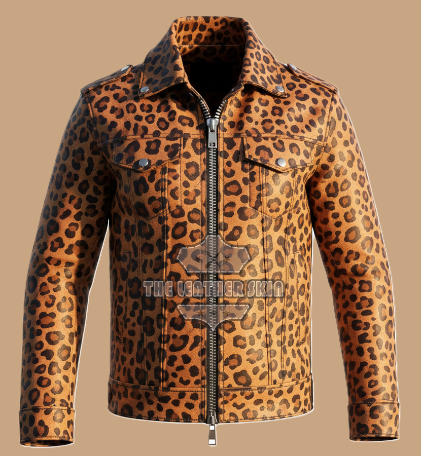 Men's Genuine Leather Jacket  Trucker Jacket  Leopard Pattern Print Jacket Coat