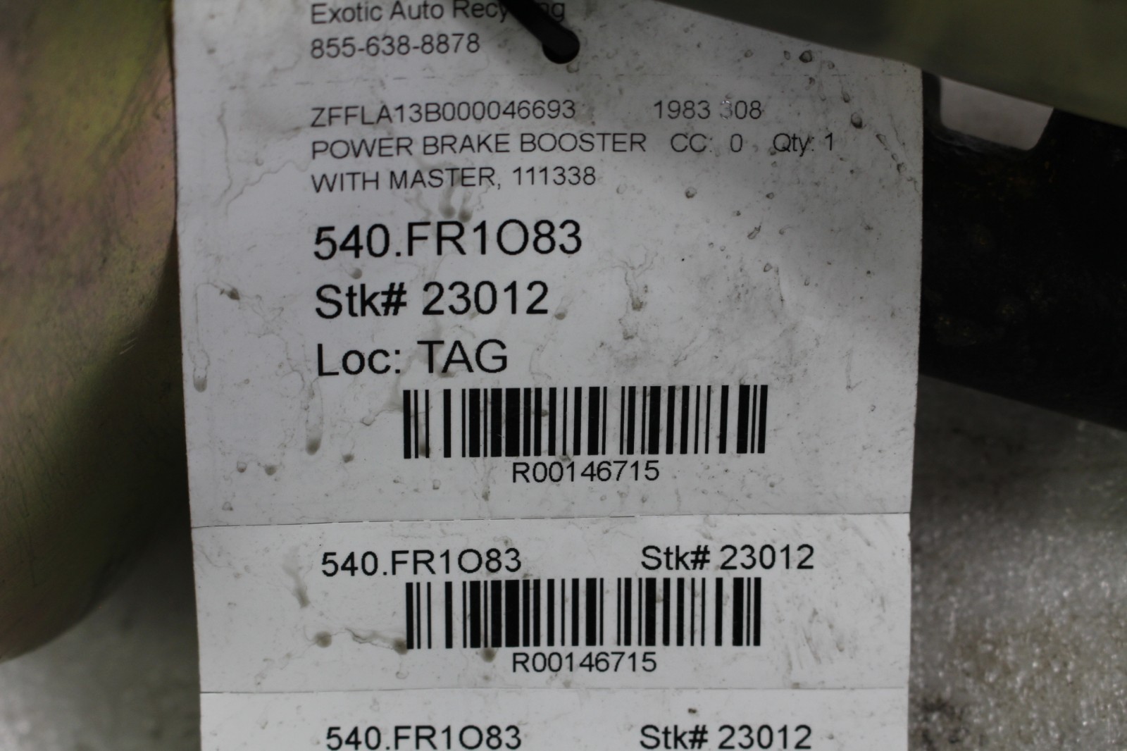 Ferrari 308, Power Brake Booster w/Master Cylinder, Used, P/N 111338