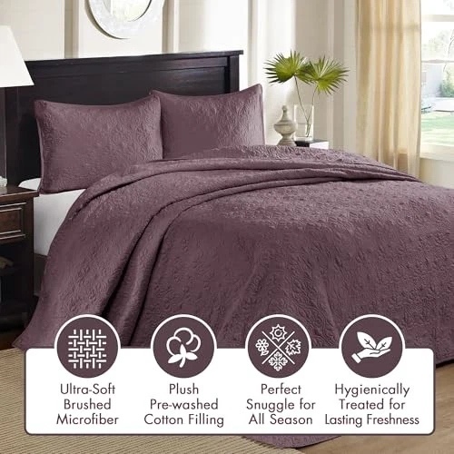  Quebec Reversible Diseño Damasco, Acolchado Doble Cara Toda Temporada, King Purple Foto 4 de 4