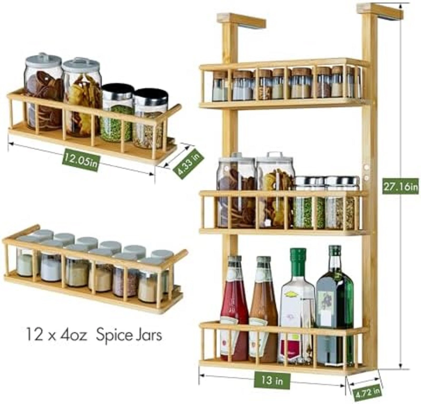 3-Tier Bamboo Spice Rack for Fridge - Adhesive Kitchen Organizer