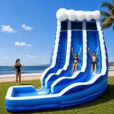 Commercial Inflatable Water Slide Dual Lane 19ft Blue Wave Marble With Blower