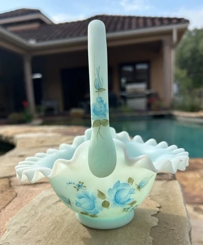 Fenton Hand Painted Signed Blue Roses Painted On Pale Blue Satin 7.5” Basket