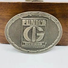 FUNK'S G HYBRID Seed Corn Belt Buckle 1970s Vintage Lewis Buckles