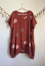 Made In Italy 100% Linen Polka Dot Orange Asymmetric Lagenlook Shirt Dress Artsy