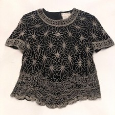 Papell Boutique Evening Vintage Black 100 Silk Silver Beaded Floral Top Size XL