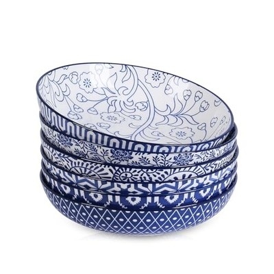  Ceramic Pasta Bowls Set 34 OZ, Large Salad Bowls 34 OZ, Set of 6 Vintage Blue