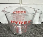 VTG Pyrex 1 Cup/8 oz/250 mL Glass Measuring Cup Red Lettering & Open Handle #508