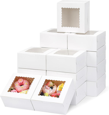 65 Pack White Cookie Boxes 6x6x3 Window Treat Box for Strawberries Pastry Pie