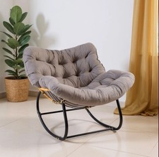 Modern Outdoor Egg Rocking Chair Wicker Rattan Steel Frame & Cushion Patio Grey