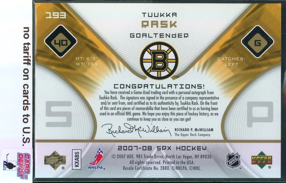 2007-08 SPx Jerseys  Rookie #193 Tuukka Rask Autograph RC 042/999 - Image 2 of 2