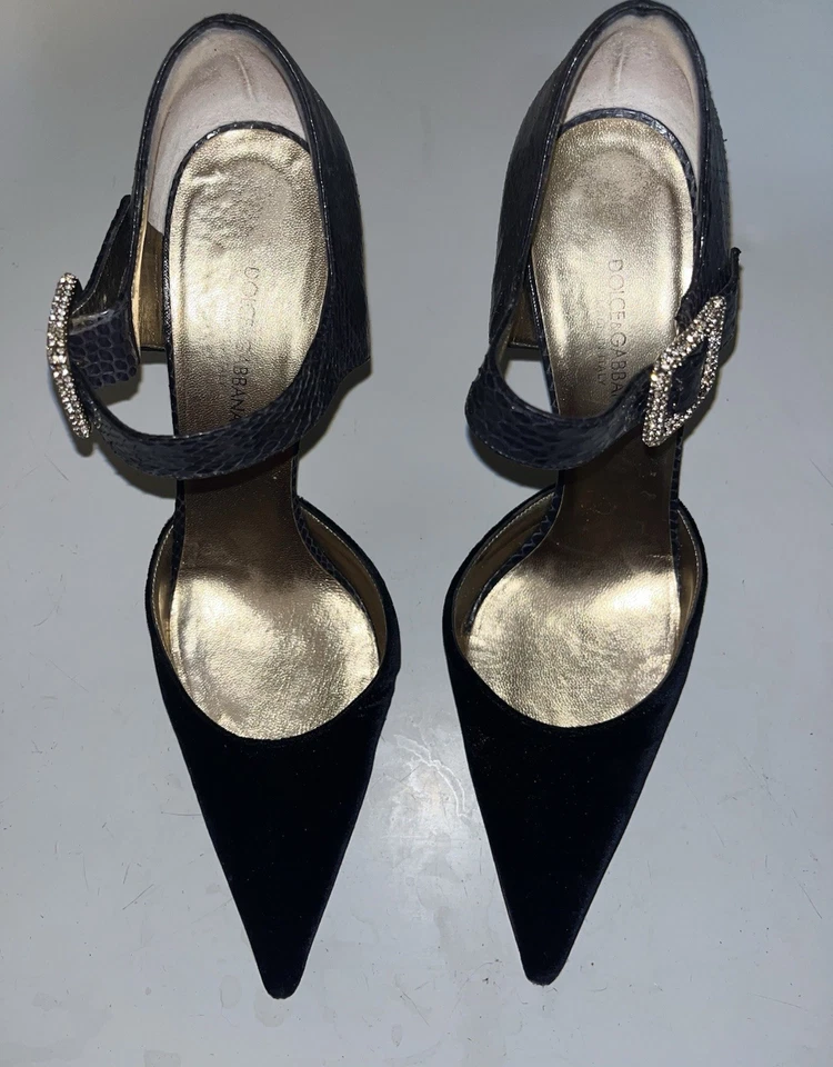 Dolce & Gabbana Azul Marino Terciopelo y Pitón Tacones con Correa al Tobillo Talla 39 Hecho en Italia Foto 3 de 4