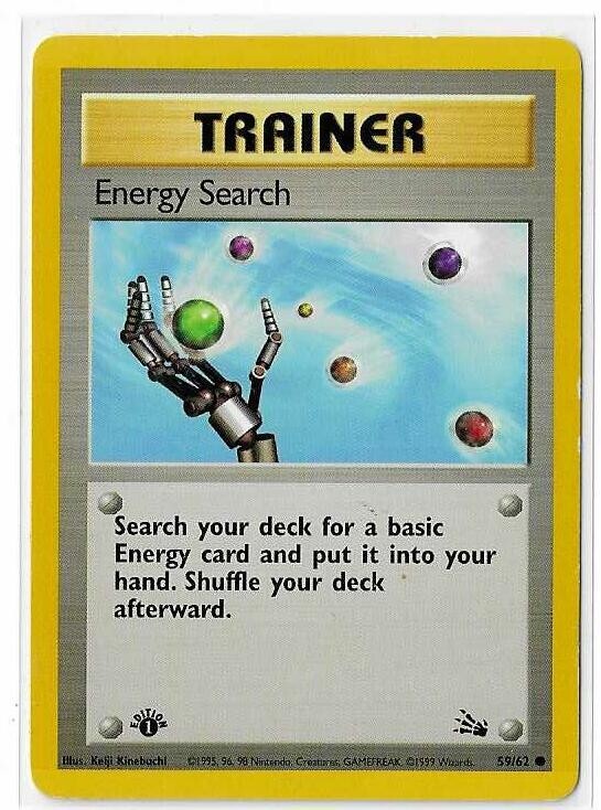 Fossil 59/62 Energy Search 1st Edition Pokemon Card Common WOTC LP