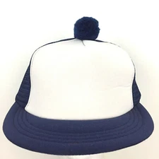 Vtg Blank Pom Short Bill Cap 2-Tone Mesh Foam Snap Back Trucker Baseball Dad Hat