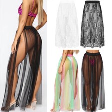 Womens See-Through Mesh Split Skirt Ladies Elastic Waistband Skirts Sheer Cover