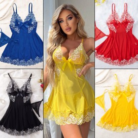 Sexy Womens Lingerie V-neck Babydoll Floral Sleepwear Lace Sheer Slip Dress Set