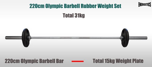 Total 31kg - 220cm Olympic Barbell Weight Set - Rubber Coated Weight Plate - Picture 2 of 6